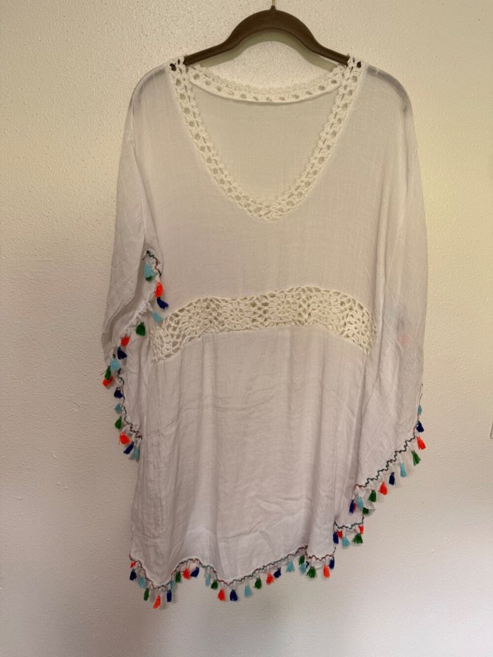 Womans Swimsuit Coverup White with Multi Color Tassels Gauze L
